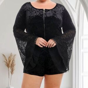 Plus Size Cosmic Aura Witchy Goth Bat Sleeve Black Velvet Gothic Short Romper 26